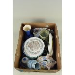 A box of mixed china including Hornsea soup bowls and plates, Portobello jug, Arthur Wood pig,