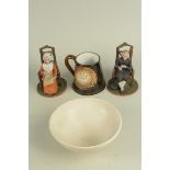 Four Great Yarmouth pottery mugs plus a vintage pair of wood nodding figures,