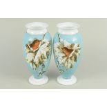 A pair of Victorian opaline glass vases with hand painted decoration of robins in foliage,