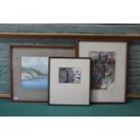 Two watercolours of a boat and seascape plus a black print by R H Marlow