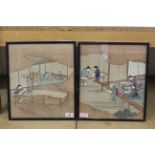 A pair of Japanese watercolours on silk of weavers on a loom and workers sorting cotton,