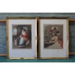 A pair of late 19th Century coloured prints in swept gilt frames of a lady seated at a table and a