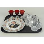 A Royal Doulton Series ware plate of Charles Dickens TC 1042 plus a selection of cut glass and ruby