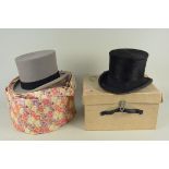 A grey top hat by Lock & Co London plus a top hat by Fox & Sons York in a vintage Dunn & Co box