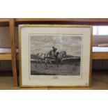 A framed black and white print of a horseman with two horses after Meissonier,