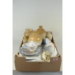 A box of mixed stoneware and ceramics including a James Ritchie & Co Port Dundas pottery bottle etc