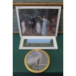 An oil on panel of a wherry, another of a group of swans and an oil on canvas of a family scene,