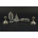 Mixed silver including dwarf candlesticks, silver lidded glass cruet (as found),