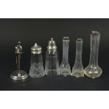 Mixed silver topped glass items including three vases,