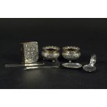 Mixed silver including a pair of silver salts with floral decoration on three bun feet (rubbed