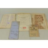 Mixed ephemera comprising of a 1875 mortgage, 1950s ration book, a will, receipts,