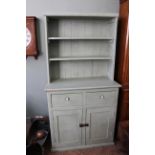 A painted pin two drawer two door dresser with open shelved above, width 96cm x depth 48cm,