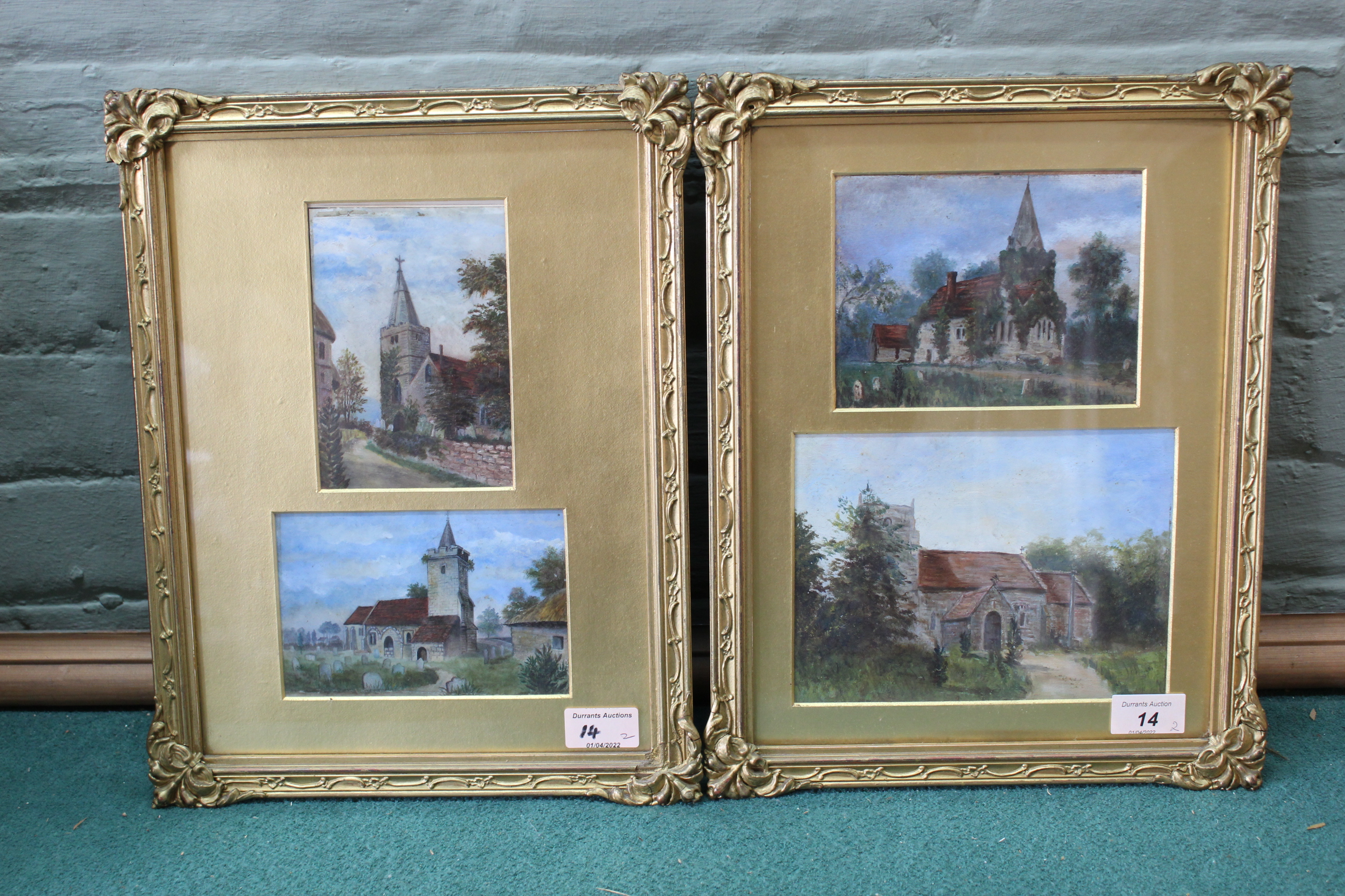 A pair of gilt framed late 19th Century watercolours of four country churches