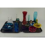 Various coloured glass dishes,