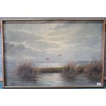 A framed oil on canvas of an evening lakeside scene with reeds in the foreground and mallards