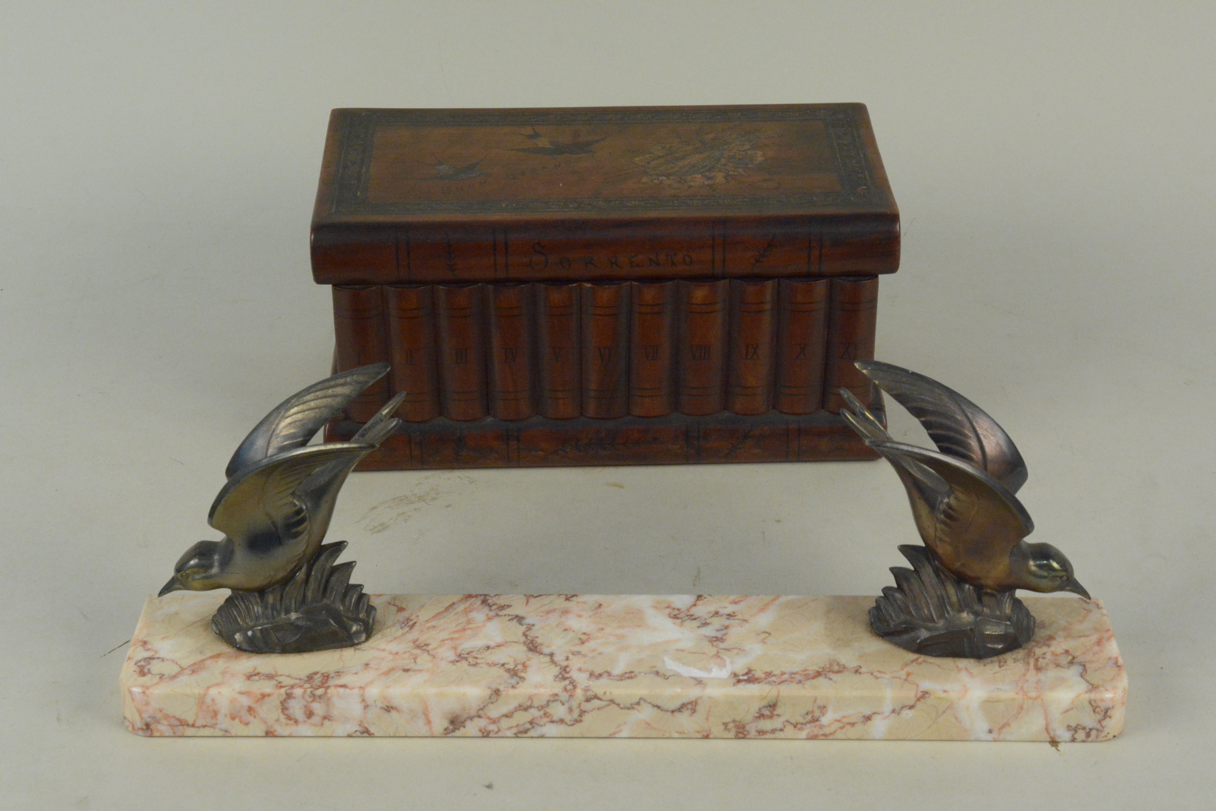 A vintage Italian Sorrento ware jewellery puzzle box decorated with birds and a lute on the top,