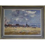 Geoffrey Chatten (b1938-) framed oil on panel of a summer beach scene at Gorleston with Punch and