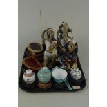 Five vintage Chinese fisherman figurines on stands plus Chinese small lidded ginger jars