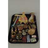 Mixed items including mini copper pans, two painted wood cut mats, lighters,