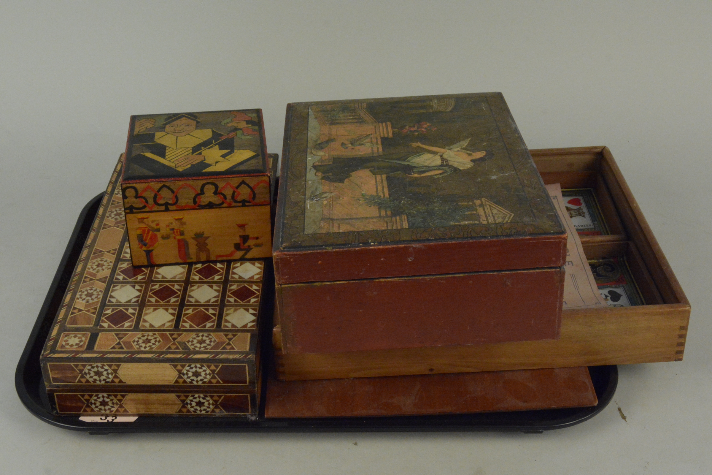 A Victorian era wooden box for the French card game 'Naine-Jaune' or 'Yellow Dwarf',