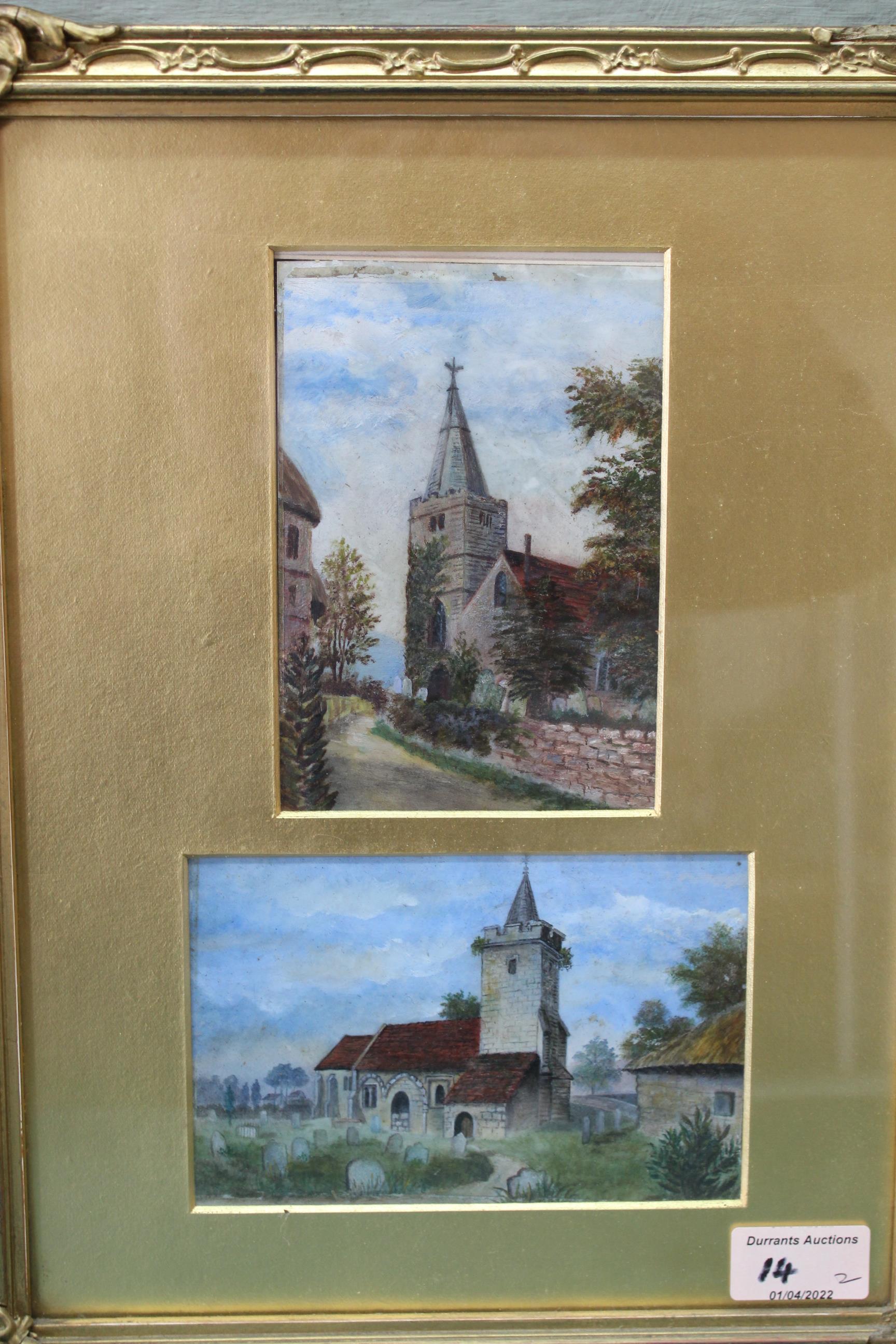 A pair of gilt framed late 19th Century watercolours of four country churches - Image 2 of 4