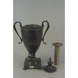 A large 19th Century Adam style pewter samovar with engraved and beaded decoration and brass tap,