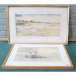 A framed watercolour of Dutch barges at anchor,