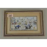 An early 20th Century framed Persian hand painted miniature on mica of a Mughal hunting scene,