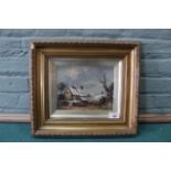 A late 19th Century framed oil on board of a country cottage in a winter landscape signed 'C M',