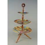 Vintage retro Italian three tier large cake stand with wooden handle, spindles and legs,