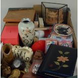 A box of mainly Japanese 20th Century items including a lacquered address book, cork building,