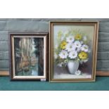 A framed oil on board of a Venetian canal scene plus a framed oil on canvas of a still life of