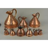 Nine 19th and early 20th Century graduated copper haystack measures from one gallon to 1/2 gill