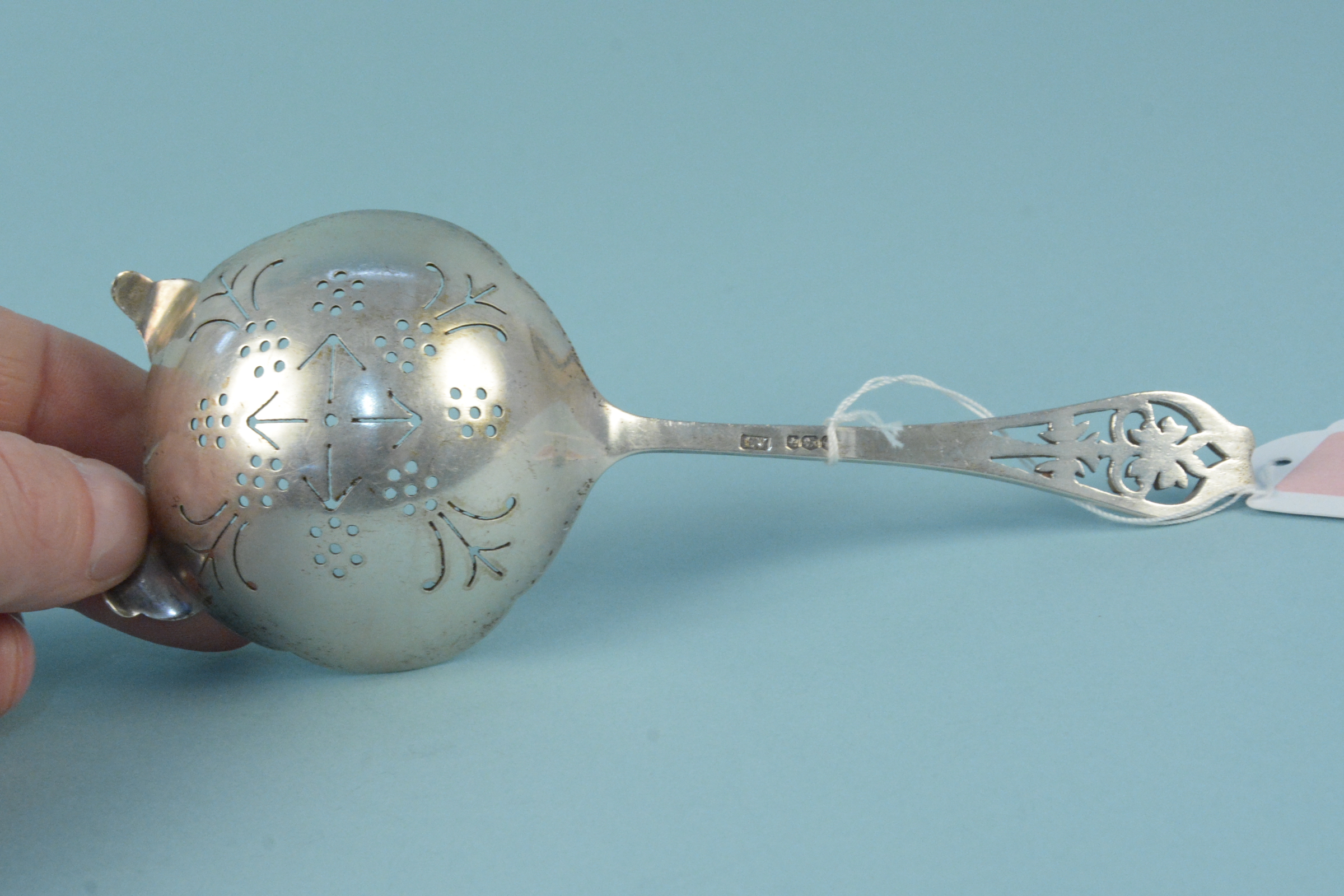 A silver tea strainer with pierced decoration to handle, - Image 3 of 3