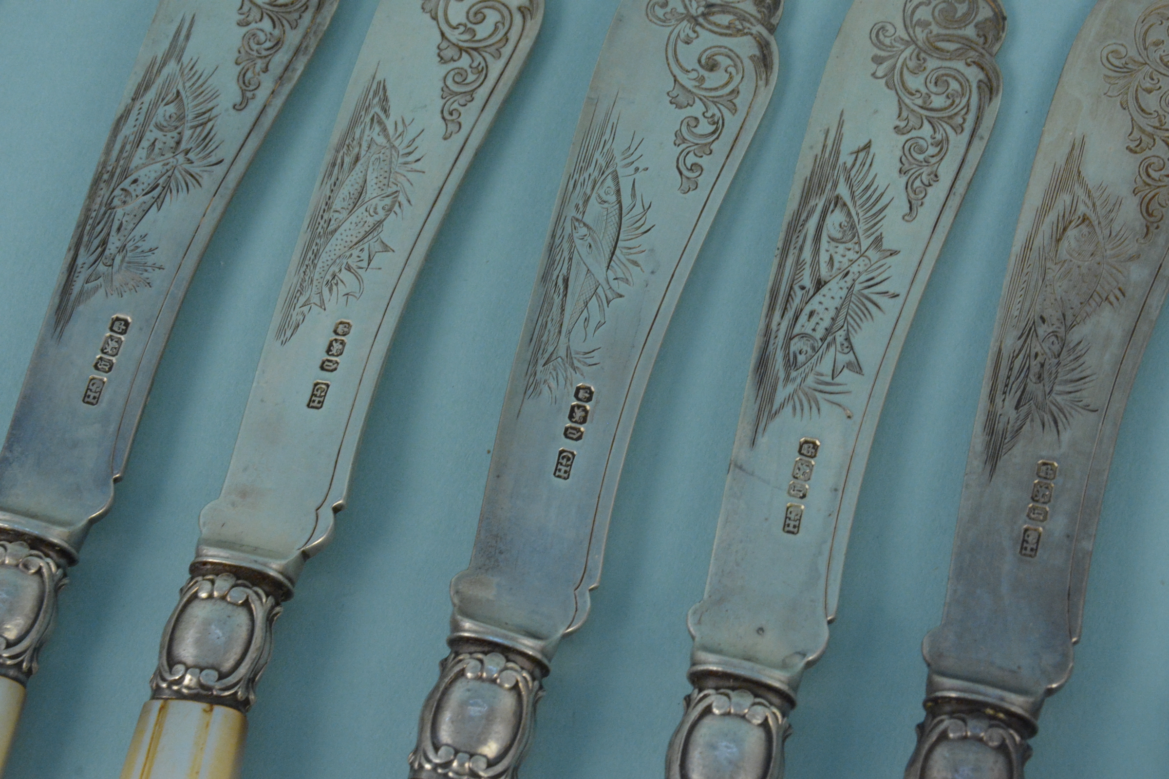 A set of six silver mother of pearl handled fish knives and forks, - Image 3 of 3