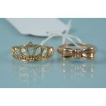 Two 9ct gold rings, one rose gold with bow decoration, the other yellow gold of tiara form,