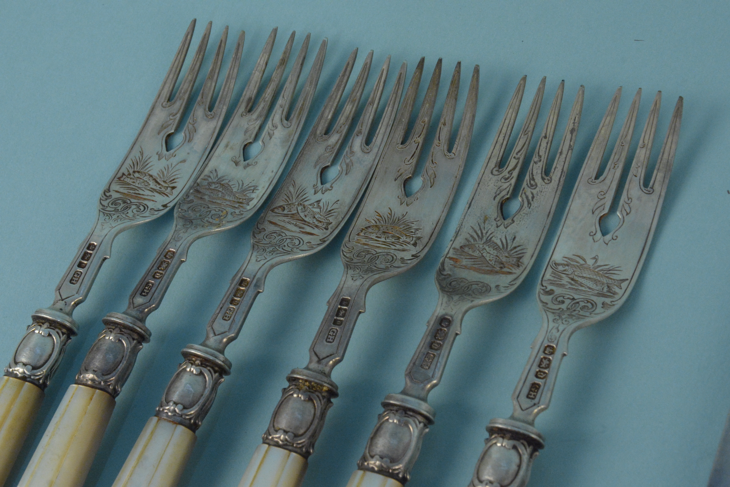 A set of six silver mother of pearl handled fish knives and forks, - Image 2 of 3