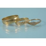 Two 9ct gold wedding bands plus an illusion set solitaire 9ct gold ring,