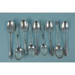 Nine various silver teaspoons,