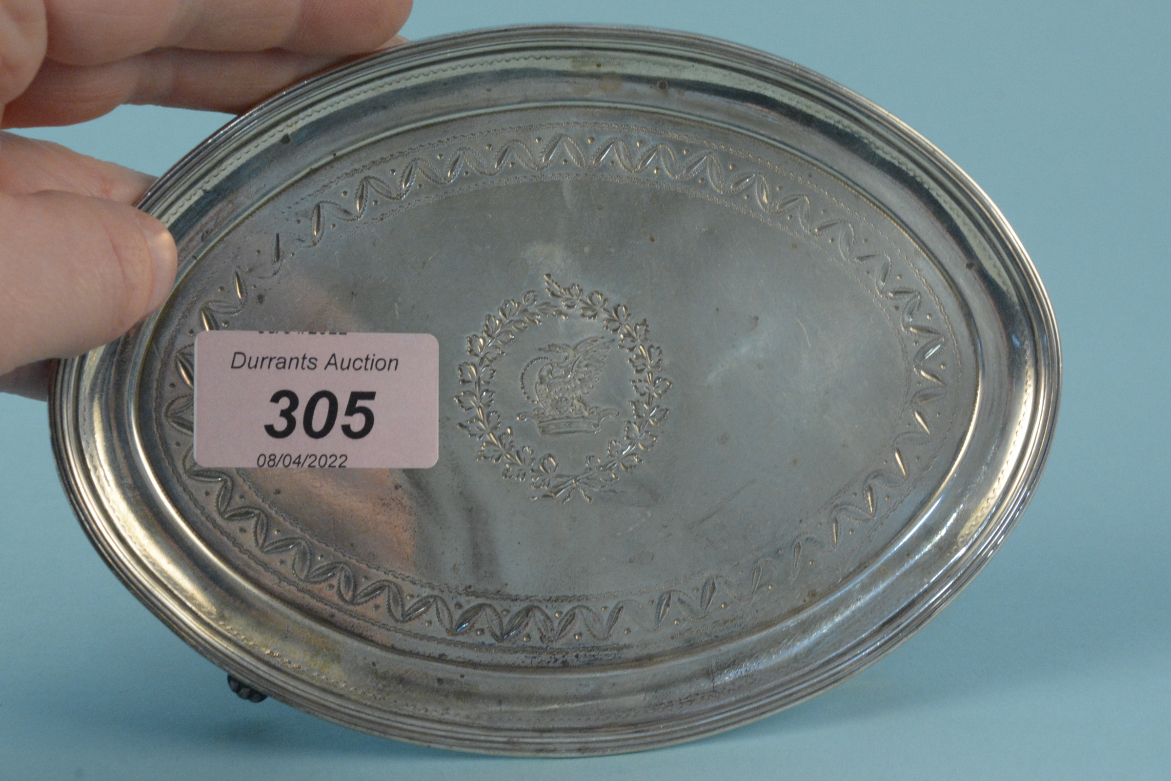 A Georgian silver teapot stand with engraved decoration, swan and crown crest to centre, - Image 2 of 3