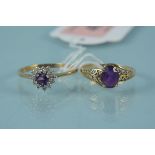 Two 9ct gold amethyst set rings, one of heart form with diamond border, weight approx 3.