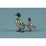 Two small silver enamelled ducks, largest approx 3.
