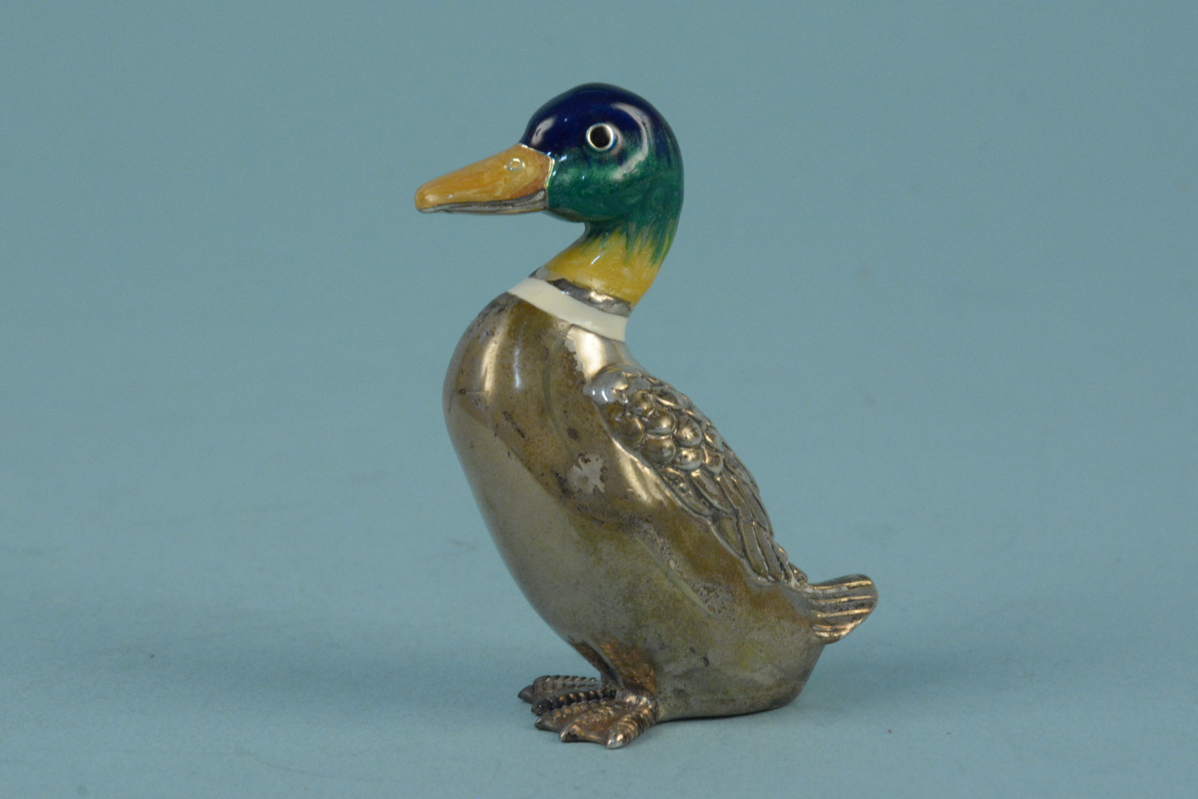 A silver enamelled model of a duck, approx 6.