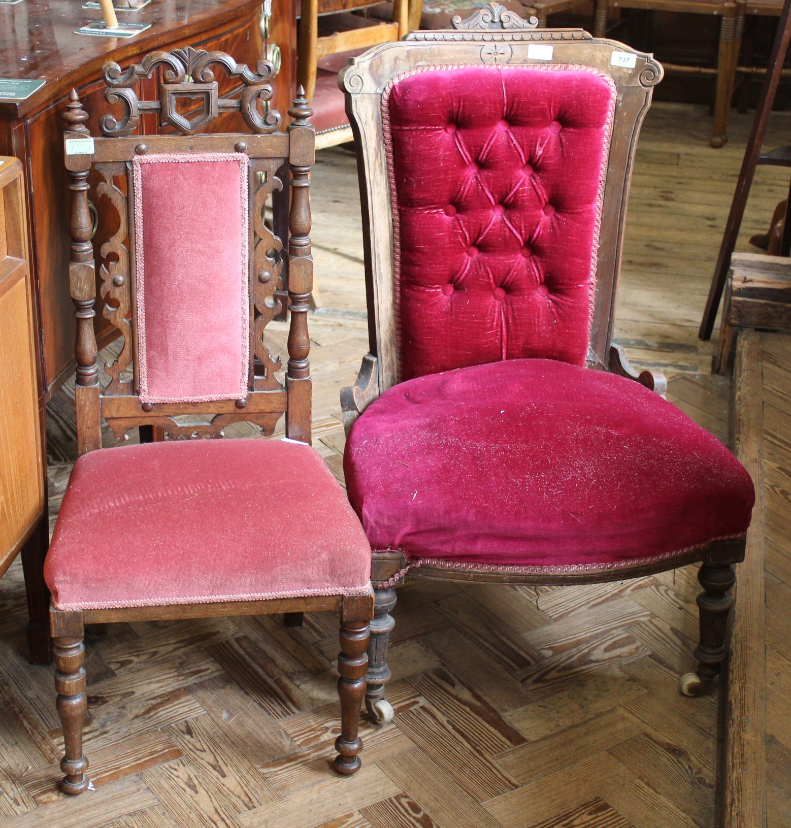 A late 19th Century lady's button back upholstered easy chair and an Edwardian carved oak dining