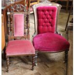 A late 19th Century lady's button back upholstered easy chair and an Edwardian carved oak dining