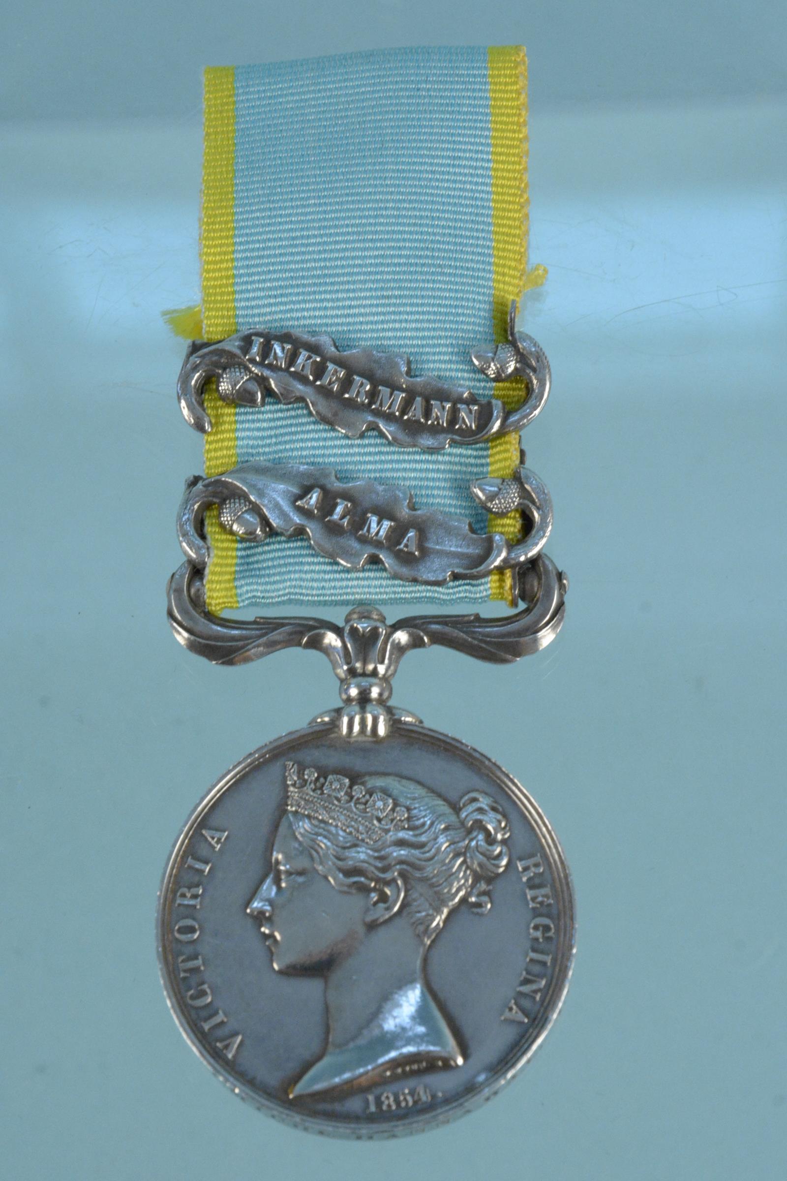 A Crimea medal with Inkermann and Alma clasps to Michl Hannaway 44th Regt - Image 2 of 4