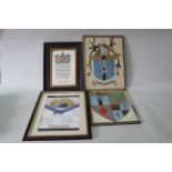 A framed 'Cunard' poster with two Masonic related painted crests and a WWI framed and glazed death