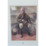 A watercolour of a 'gamekeeper' cleaning his shotgun, signed lower right Bruma,