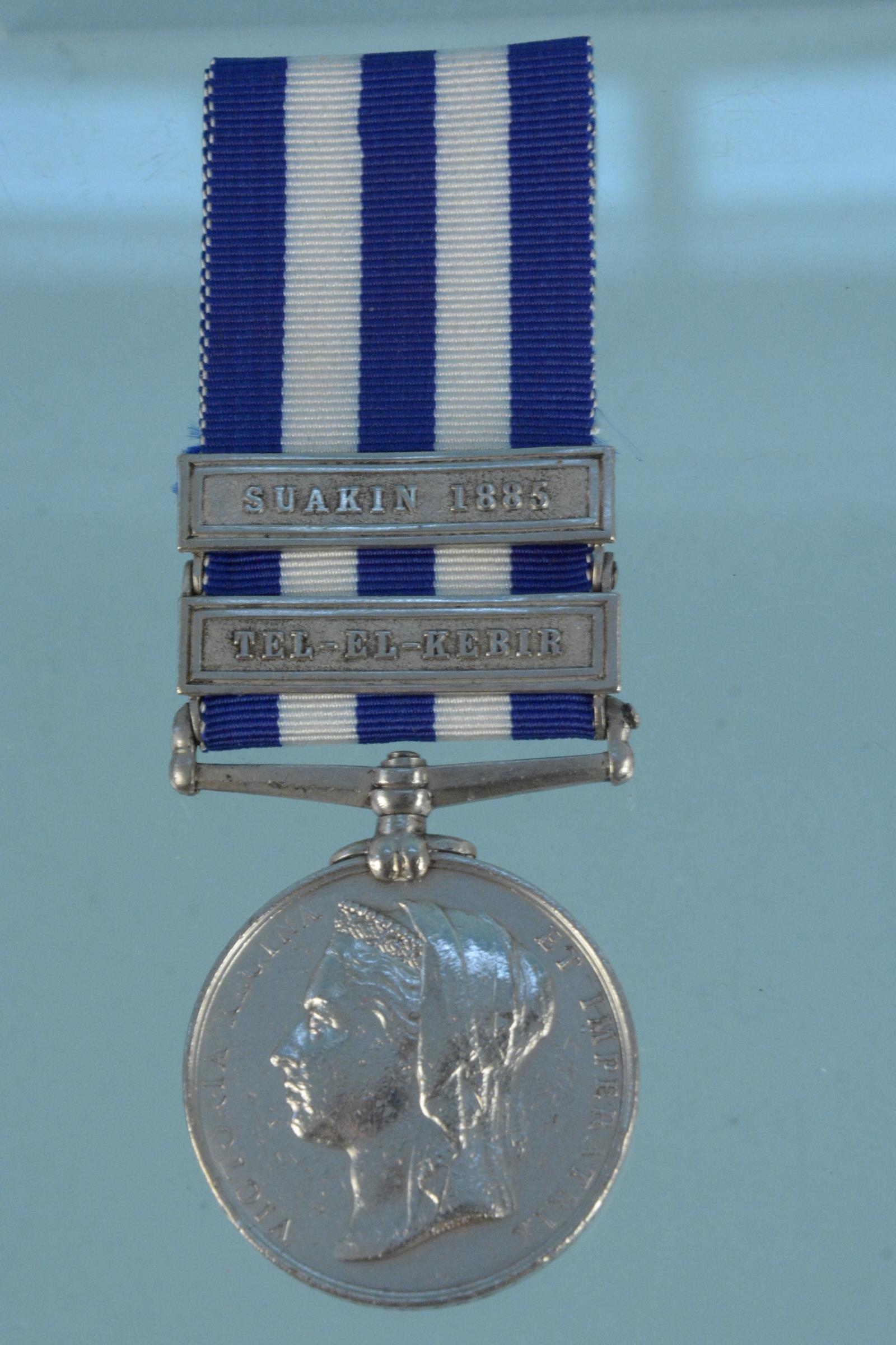 An Egypt medal 1882-89 with Suakin 1885 and Tel-El-Kebir clasps to 3204 Cpl C.E.Melville A.H.C.