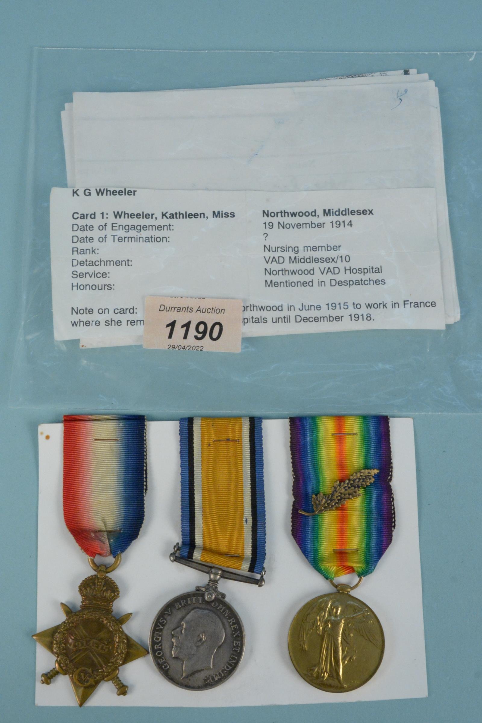 A WWI 14/15 Star trio, Star to K.G.Wheeler B.R.C. & ST.J.J. with pair to K.G.Wheeler V.A.D.